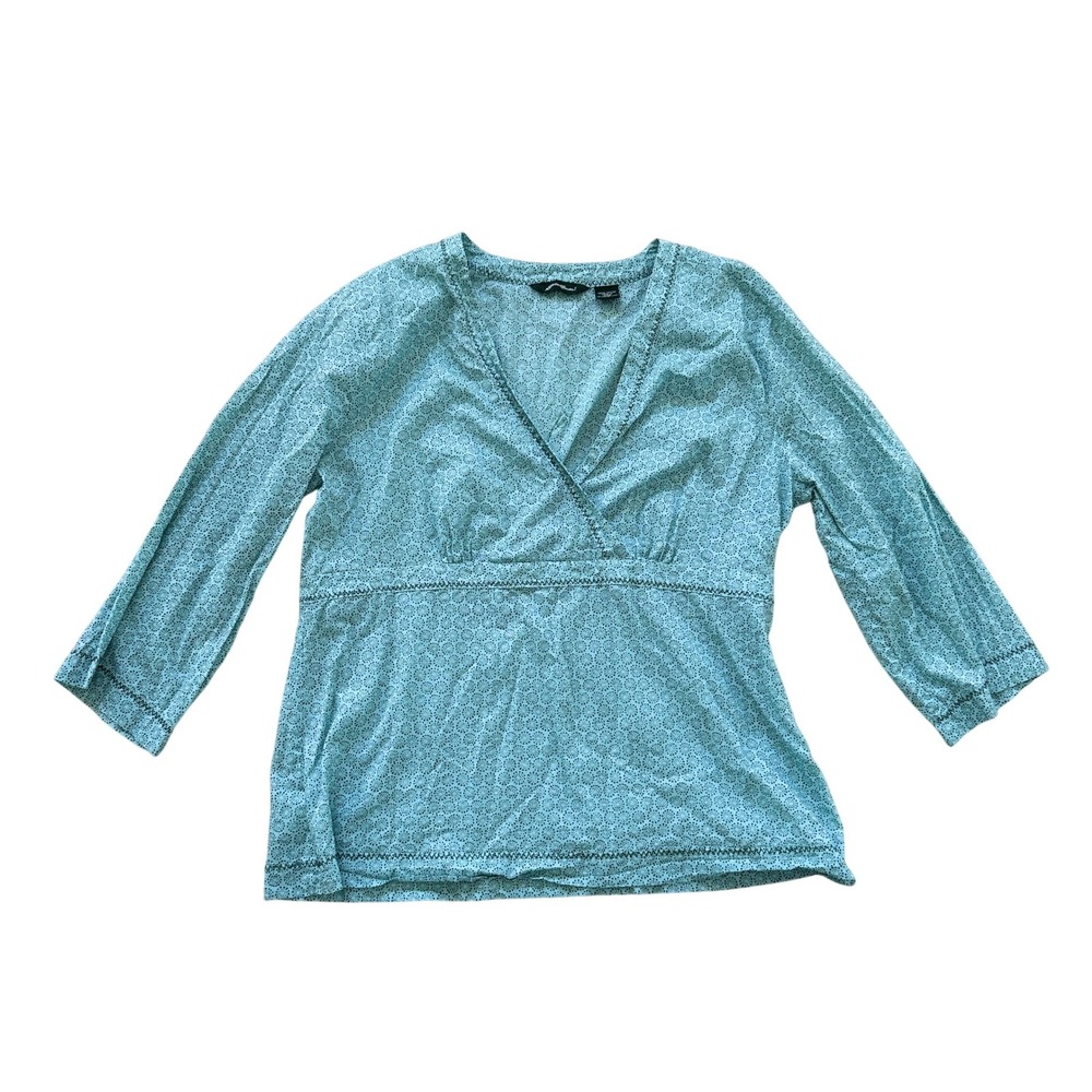 Eddie Bauer Womens Top Blouse 3/4 Sleeve Blue Patterned V Neck‎ 16 Cottagecore